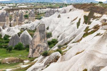 Travel to Turkey - fairy chimney rocks and rock houses in Goreme National Park in Cappadocia in spring