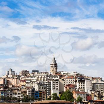 Travel to Turkey - view of Galata (Karakoy) District over Golden Horn bay in Istanbul city in spring