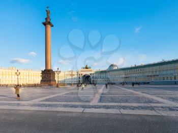 view of Palace Square with Alexander Column and General Staff Building in Saint Petersburg city in March evening