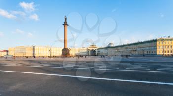 panoramic view of Palace Square with Alexander Column and General Staff Building in Saint Petersburg city in March evening
