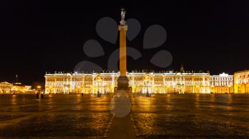panoramic view of Palace Square with Alexander Column and Winter Palace in Saint Petersburg city in night