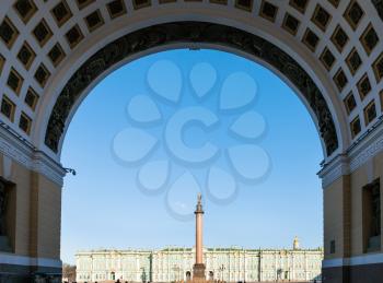 view of Palace Square through Arch of General Staff Building in Saint Petersburg city in March morning