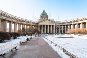 snowy square near Kazan Cathedral in Saint Petersburg city in March morning