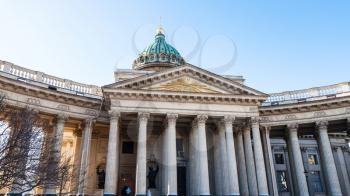 facade of Kazan Cathedral in Saint Petersburg city in March morning