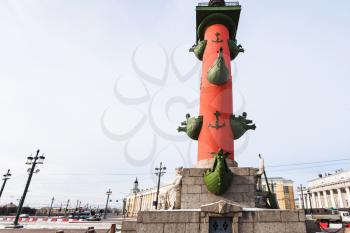 view of Rostral Column on Birzhevaya Ploschad in St Petersburg city in spring