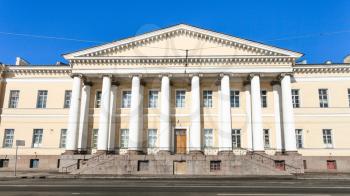 front view of building of Saint Petersburg Russian Academy of Sciences on Universitetskaya Embankment of Vasilievsky Island in St Petersburg city