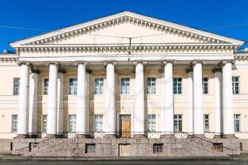 facade of building of Saint Petersburg Russian Academy of Sciences on Universitetskaya Embankment of Vasilievsky Island in St Petersburg city