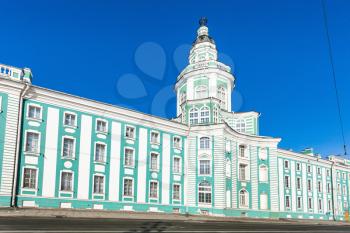 Universitetskaya Embankment with Kunstkamera edifice on Vasilievsky Island in St Petersburg city