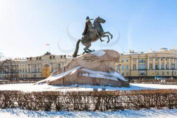 Bronze Horseman statue of Peter the Great in the Senate Square in Saint Petersburg. The monument was built in 1768-1782, inscription on stone: To Peter the First from Catherine the Second, year 1782