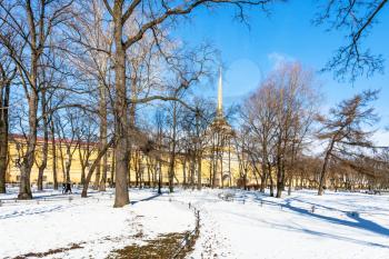 snow-covered path in Alexander Garden in Saint Petersburg city in March