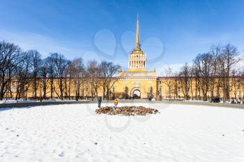 view of old Admiralty building from Alexander Garden in Saint Petersburg city in March