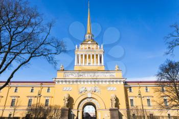 facade of old Admiralty building from Alexander Garden in Saint Petersburg city in March