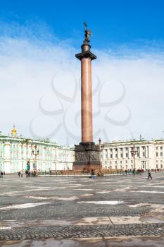 view of Alexander Column on Palace Square in Saint Petersburg city in spring