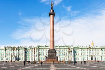 view of Alexander Column and Winter Palace on Palace Square in Saint Petersburg city in spring