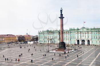 above view of Palace Square with Alexander Column and Admiralty building in Saint Petersburg city in march evening