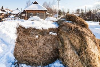 haystack on snow-covered street in village Kikino in Smolensk Oblast of Russia in sunny winter day