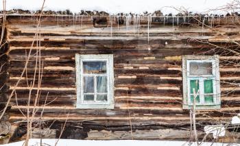 wood log wall with windows of old abandoned typical russian rural house in overcast winter day in little village in Smolensk region of Russia