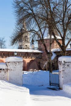 view of courtyard of Monastery of Our Savior and St Euthymius in Suzdal town in winter in Vladimir oblast of Russia
