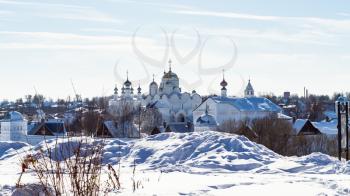 view of The Convent of the Intercession (Pokrovsky Monastery) in Suzdal town in winter in Vladimir oblast of Russia