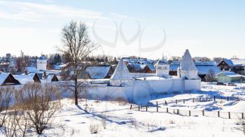 walls of The Convent of the Intercession (Pokrovsky Monastery) in Suzdal town in winter in Vladimir oblast of Russia