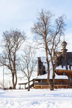 wooden Church of St Nicholas the Wonderworker from Glotovo (Nikolskaya Church) in Suzdal Kremlin in winter in Vladimir oblast of Russia