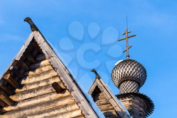 roof of wooden Church of St Nicholas the Wonderworker from Glotovo (Nikolskaya Church) in Suzdal Kremlin in winter in Vladimir oblast of Russia