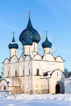 Cathedral of Nativity of the Virgin ( The Cathedral of the Nativity of the Theotokos) in Suzdal Kremlin in winter day in Vladimir oblast of Russia
