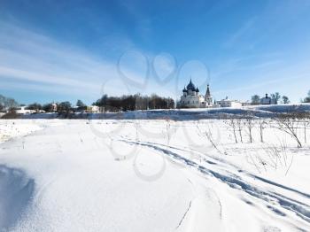 frozen river and Suzdal Kremlin with Chathedral and palace in winter in Vladimir oblast of Russia