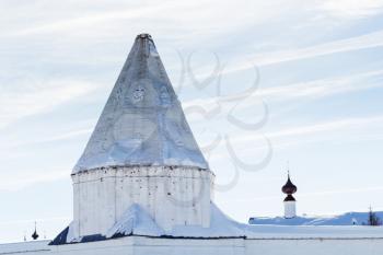 wall tower of Convent of the Intercession (Pokrovskiy Monastery) in Suzdal town in winter