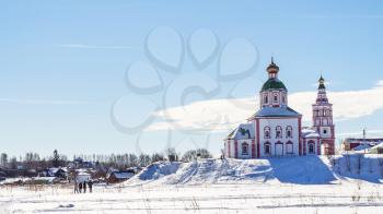 panoramic view of Suzdal town with Church of Elijah the Prophet on Ivanovo Hill (Elijah Church) in winter morning in Vladimir oblast of Russia