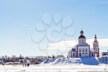 view of Suzdal town with Church of Elijah the Prophet on Ivanovo Hill (Elijah Church) in winter morning in Vladimir oblast of Russia