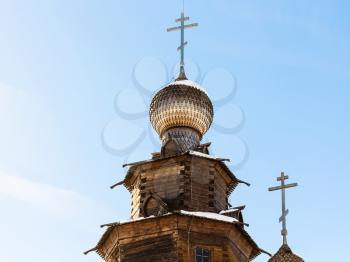 top of the wooden Transfiguration Church (Church of the Transfiguration of the Savior) from Kozlyatyevo in Suzdal town in winter in Vladimir oblast of Russia