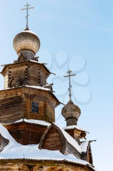 dome of the wooden Transfiguration Church (Church of the Transfiguration of the Savior) from Kozlyatyevo in Suzdal town in winter in Vladimir oblast of Russia