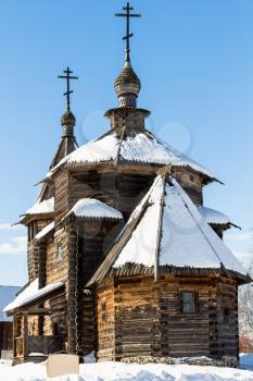 wooden Church of the Resurrection of Christ from Patakino in Suzdal town in winter in Vladimir oblast of Russia