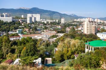 travel to Crimea - Alushta city skyline from Castle Hill in sunny morning