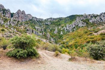 travel to Crimea - view of shaped rocks at Demerdzhi (Demirci) Mountain from The Valley of Ghosts on Crimean Southern Coast