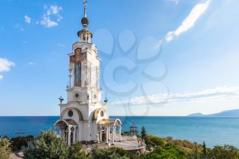 travel to Crimea - view of Church-lighthouse of St. Nicholas the Wonderworker near Malorechenskoe village on Crimean Southern Coast of Black Sea