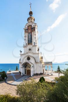 travel to Crimea - tower of Church-lighthouse of St. Nicholas the Wonderworker near Malorechenskoe village on Crimean Southern Coast of Black Sea