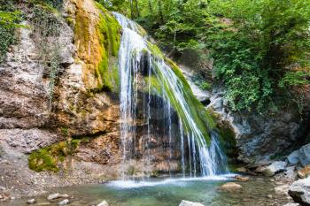 travel to Crimea - Djur-djur waterfall on Ulu-Uzen river in Haphal Gorge of Habhal Hydrological Reserve natural park in Crimean Mountains in september season