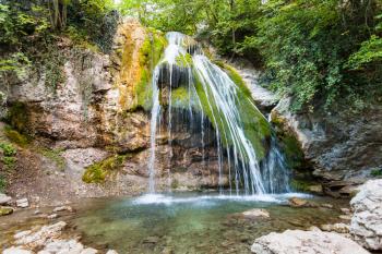 travel to Crimea - view of Ulu-Uzen river with Djur-djur waterfall in Haphal Gorge of Habhal Hydrological Reserve natural park in Crimean Mountains in september