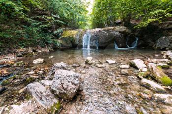 travel to Crimea - small waterfall on Ulu-Uzen river in Haphal Gorge of Habhal Hydrological Reserve natural park in Crimean Mountains in september