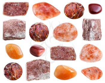 set of various Sunstone gemstones (Andesine, Heliolite, red Aventurine, Goldstone) isolated on white background