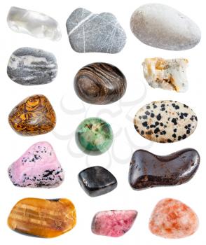 set of various natural mineral gemstones (greywacke, rhinestone, anthophyllite, dalmatian, mariam stone, hydrogoethite, calcite, rhodonite, rhodochrosite, stromatolite, andesine, etc) isolated