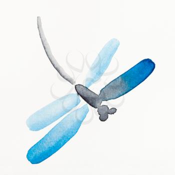 hand painting in sumi-e style on white paper - dragonfly with blue wings drawn by watercolors