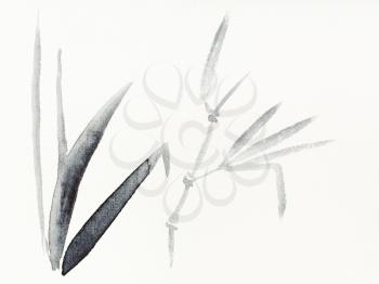 hand painting in sumi-e style on cream paper - reed plants drawn by black watercolors