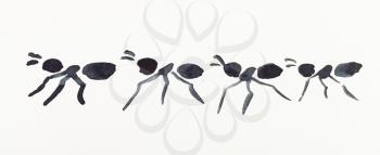 hand painting in sumi-e style on cream paper - several ants drawn by black watercolors