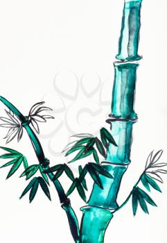 hand painting in sumi-e style on cream paper - bamboo trunk drawn by green watercolors