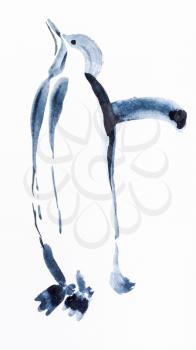 hand painting in sumi-e style on white paper - penguin bird drawn by black watercolors