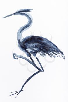 hand painting in sumi-e style on white paper - heron bird drawn by black watercolors