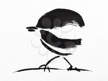 hand painting in sumi-e style on white paper - sparrow on twig drawn by black indian ink
